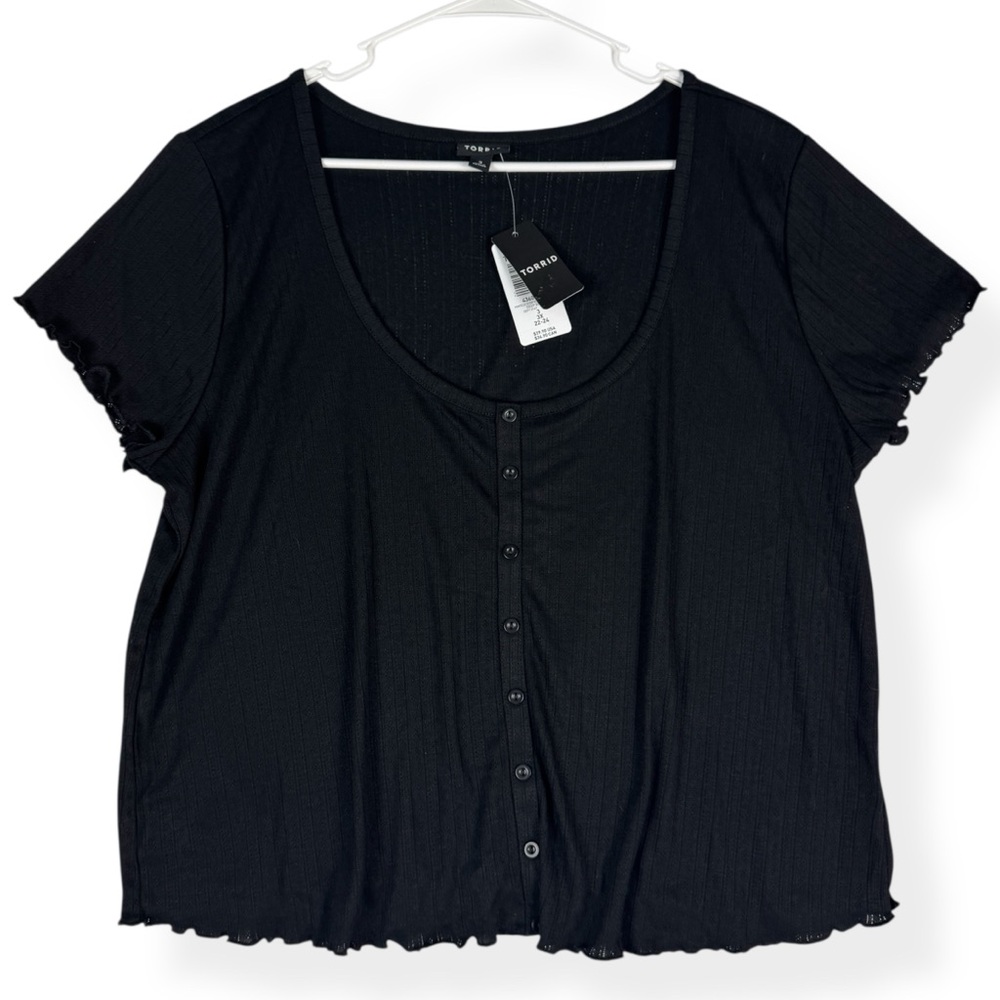 Torrid Button Up Tee Shirt Womens 3X Pointelle Deep Black Short Sleeve NWT